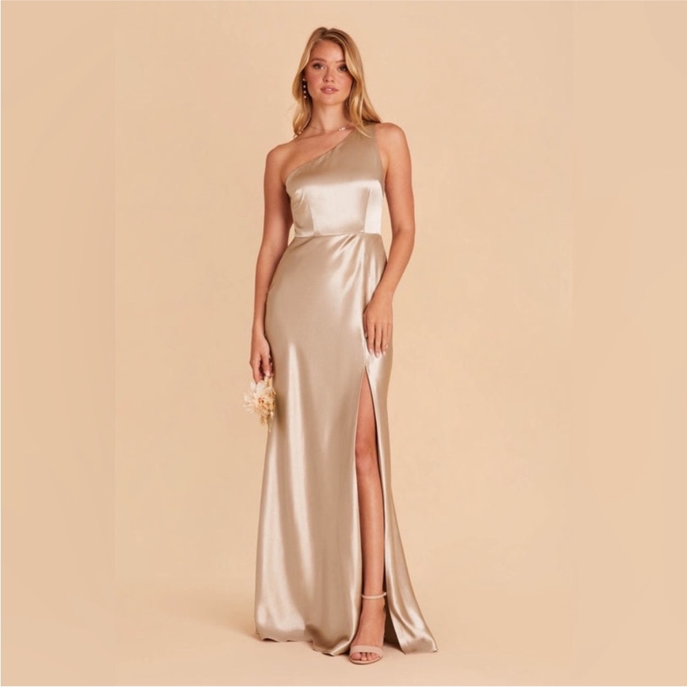 Birdy Grey champagne, one shoulder bridesmaid dress with slit